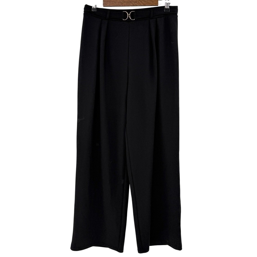 HM Black Wide Leg High Waisted Pleated Trousers Gold Buckle Detail Womens Size M